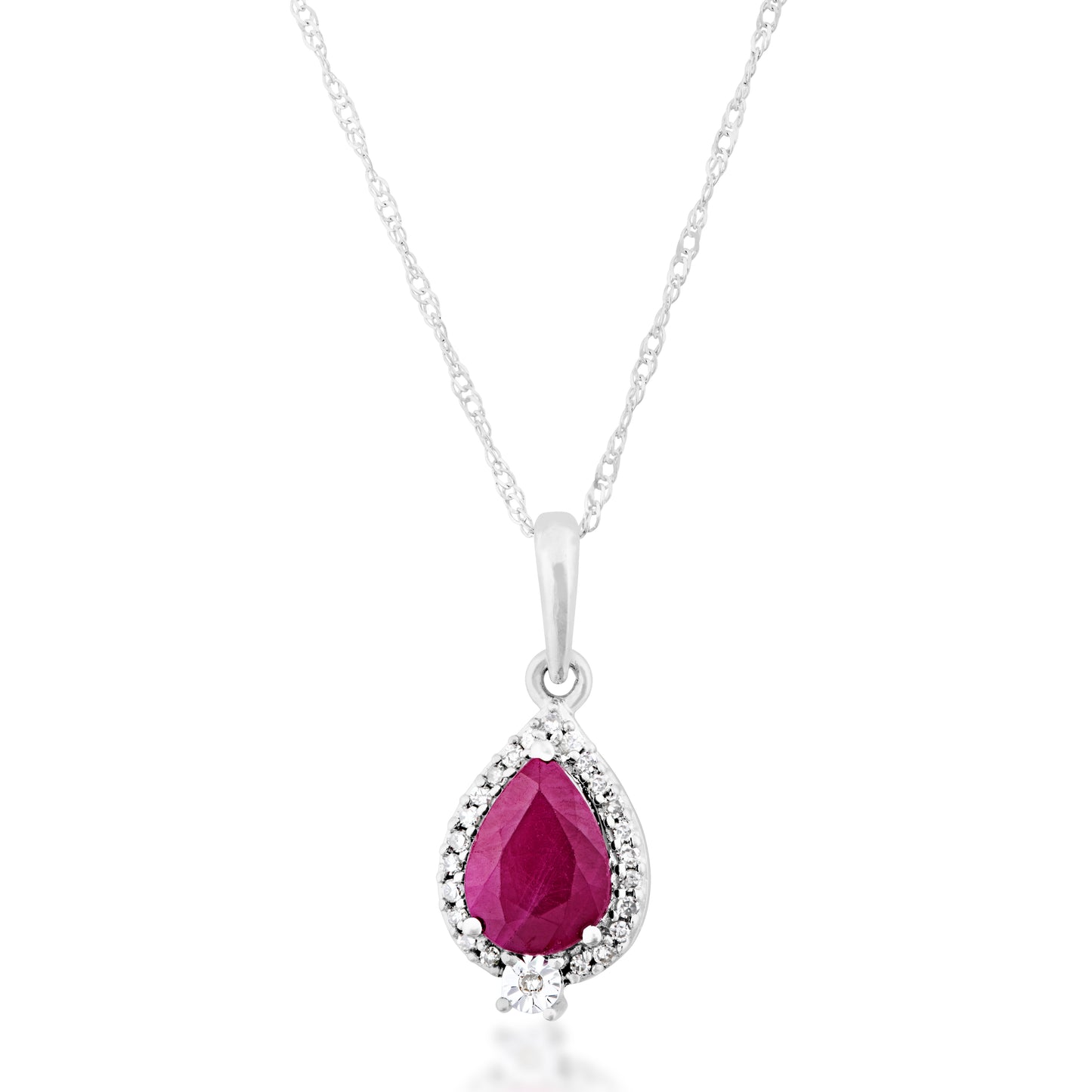 Pear-Shaped Ruby and .06 ct. tw. Diamond Halo Pendant in 10K White Gold