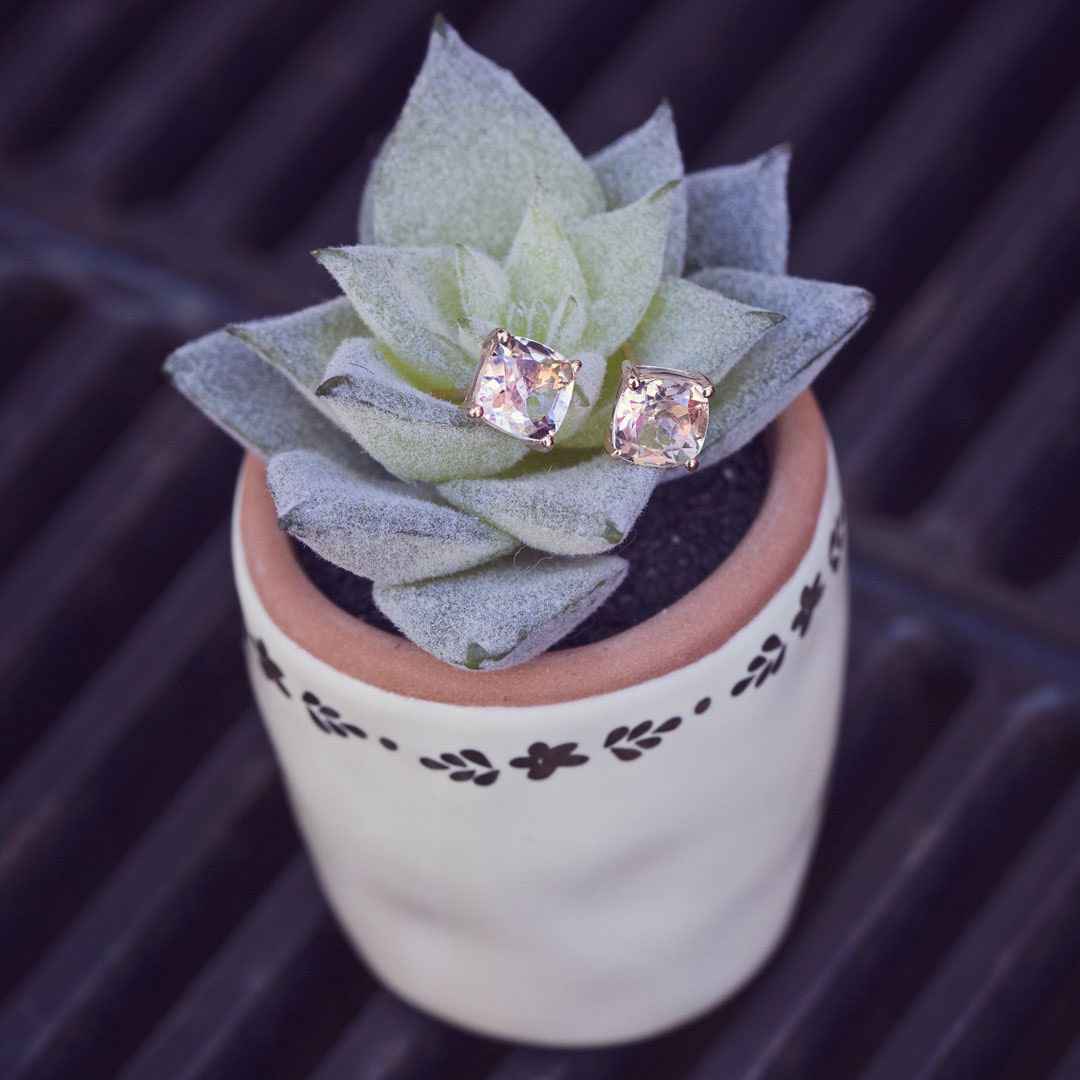 Impulse Collection Genuine Cushion Cut Morganite Earrings in 14K Pink Gold close-up detail