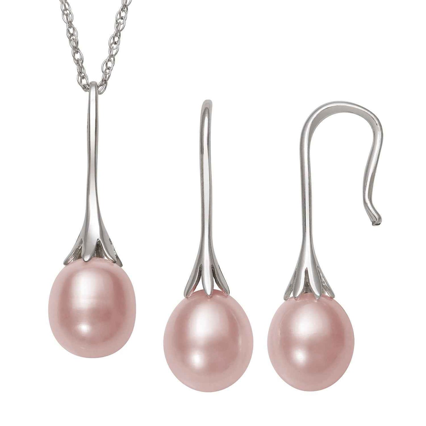 Dyed Pink Freshwater Drop Pearl Fashion Earrings & Pendant Set in Sterling Silver