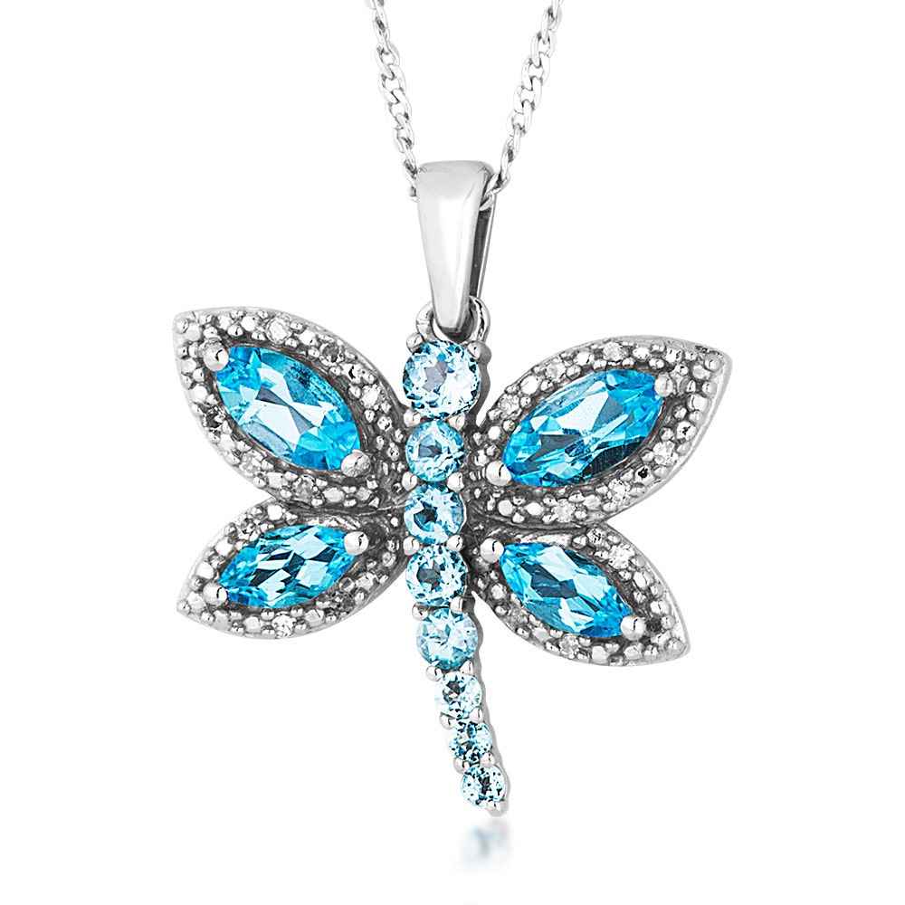 Marquise & Round Swiss Blue Topaz & Diamond Accent Dragonfly Pendant in Sterling Silver