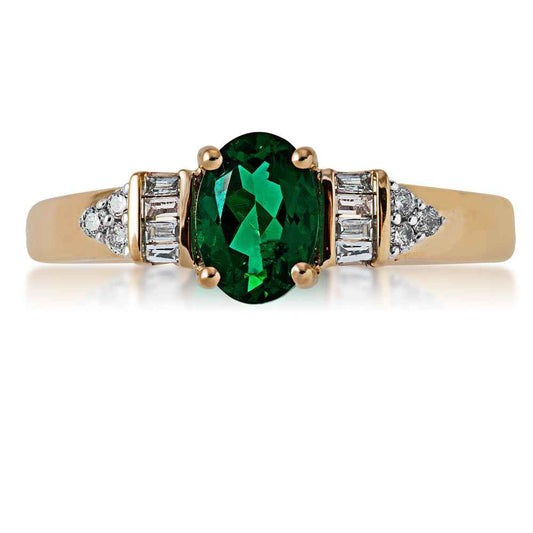 Created Oval Emerald Ring with 1/8 ct. tw. Round & Baguette Diamonds in 10K Yellow Gold front view