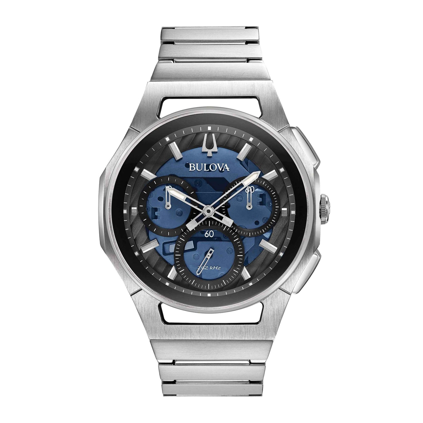 Bulova Men's Curv 5-Hand Chronograph Watch with Dark Blue Dial and Silver Bracelet