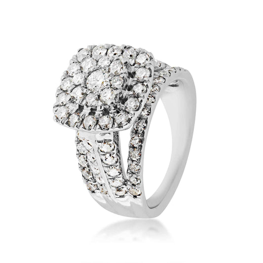 Fairytale Diamonds 2 ct. tw. Cushion Cut Cluster Halo Diamond Engagement Ring with Split Shank Accented Band in front view