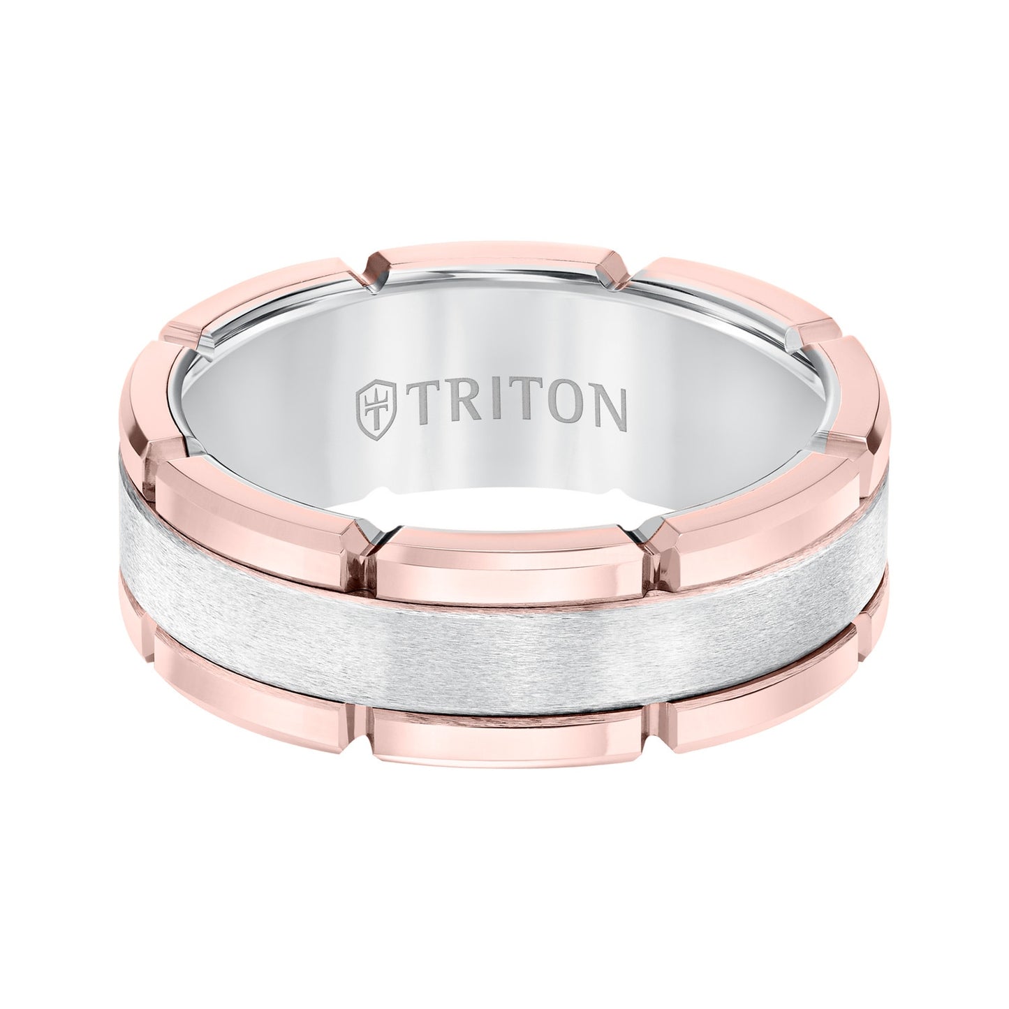 Men's Triton 8MM White and Pink Tungsten Wedding Band front view