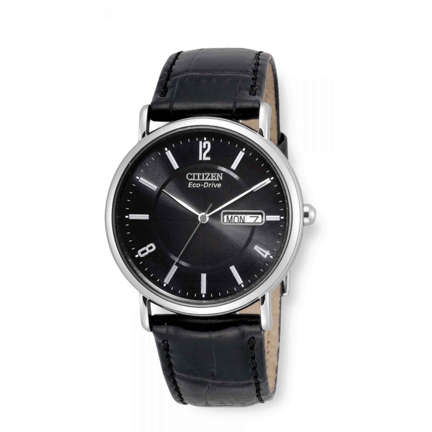 Citizen Men's Eco-Drive Classic Black Dial Watch with Calendar Feature in Stainless Steel Case with Black Crocodile Stamped