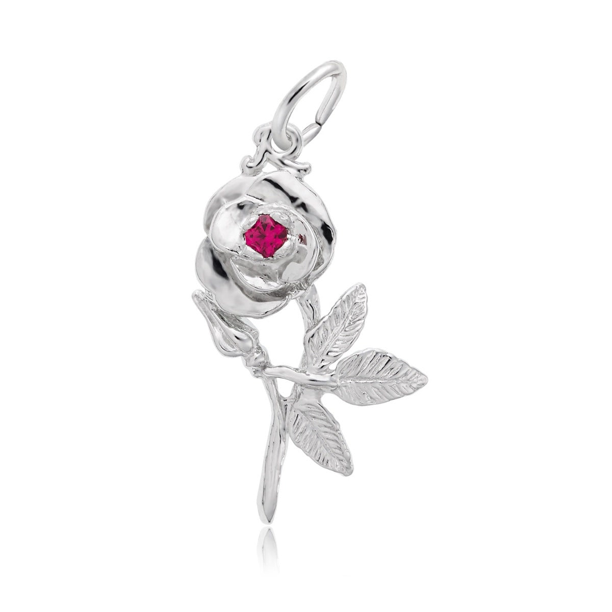 Rose Charm with Red CZ in Sterling Silver