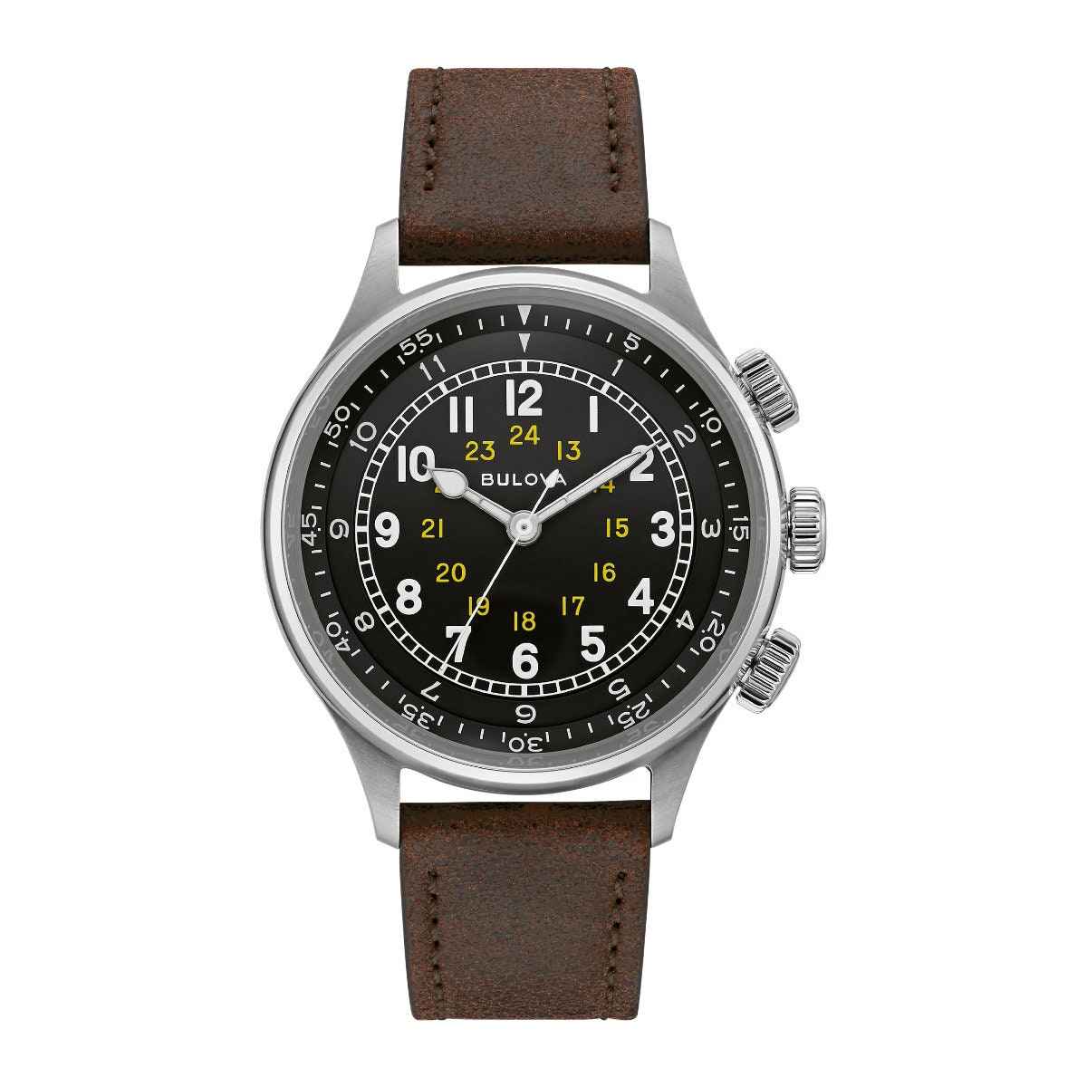 Bulova Men's A-15 Pilot Stainless Steel Watch with Black Dial and Brown Leather Strap