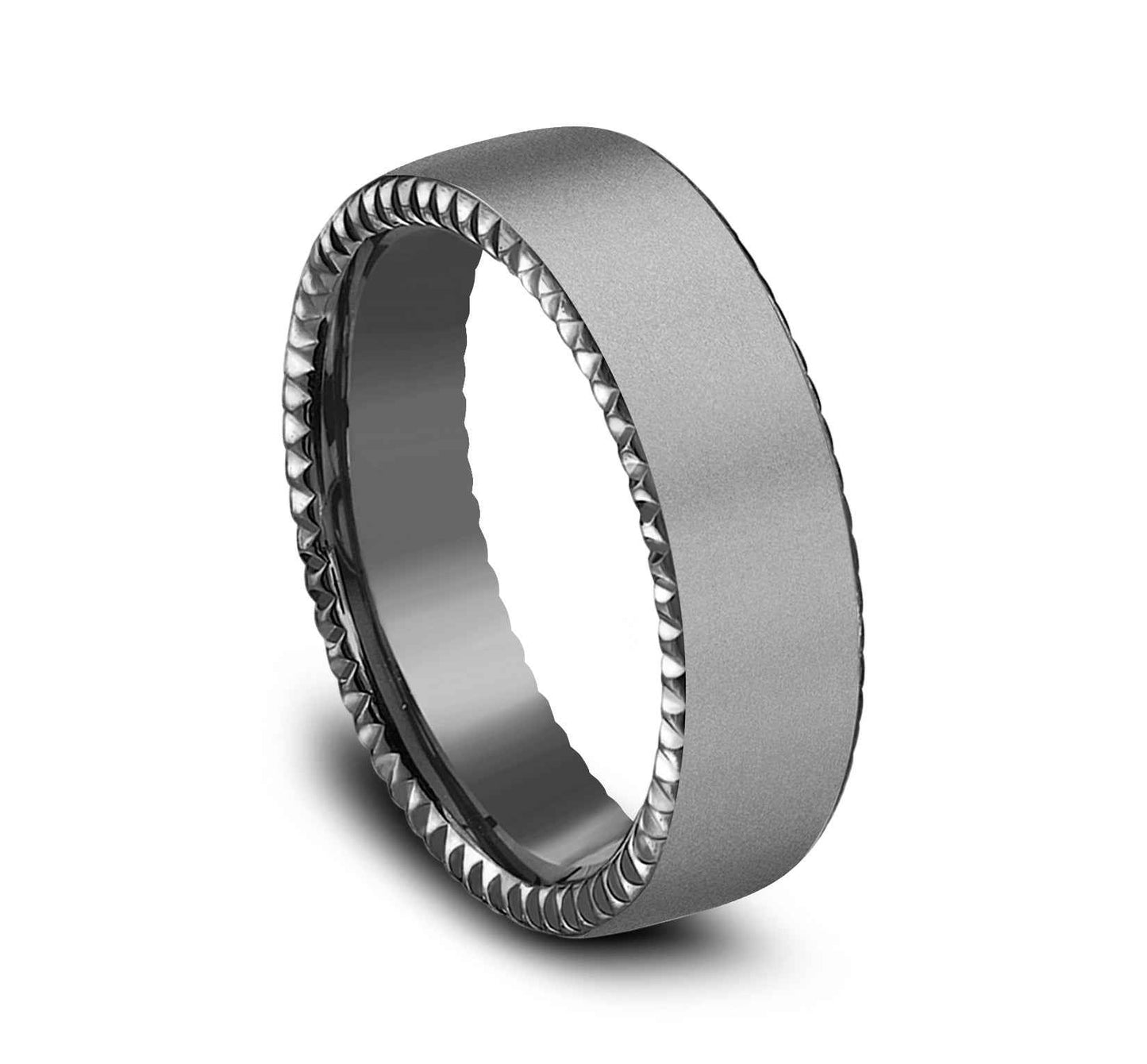 Benchmark Men's 6.5mm Wedding Band with Rivet Coin Edging in Tantalum front view