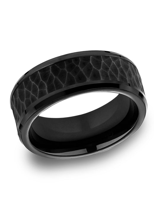 BENCHMARK Mens 8MM Black Titanium with Hammered Detail Wedding Band close-up detail