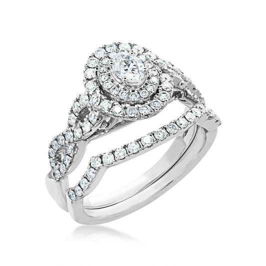 Natural 1 ct. tw. Oval Diamond Double Halo Twist Wedding Set in 10K White Gold close-up detail
