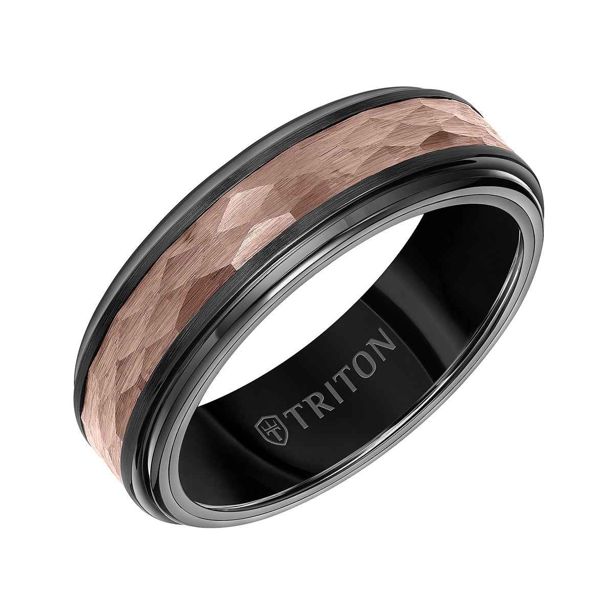 Triton Men's 7mm Espresso Tungsten With Hammered Center Wedding Ring front view