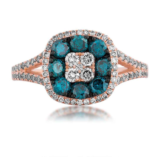 1-1/4ct. tw Treated Blue and White Diamond Cluster Halo Ring in 10K Pink Gold close-up detail