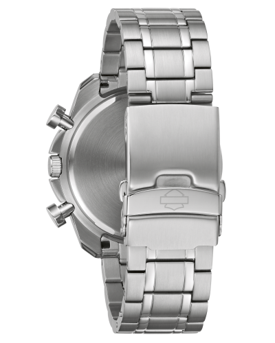Bulova Harley Davidson 12-Hour Chronograph Watch with Tachymeter Scale & Sport Fold-Over Clasp in Stainless close-up detail