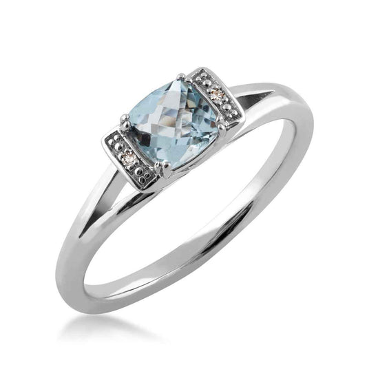 Cushion Aquamarine and Diamond Accent Split Shank Ring in Sterling Silver front view