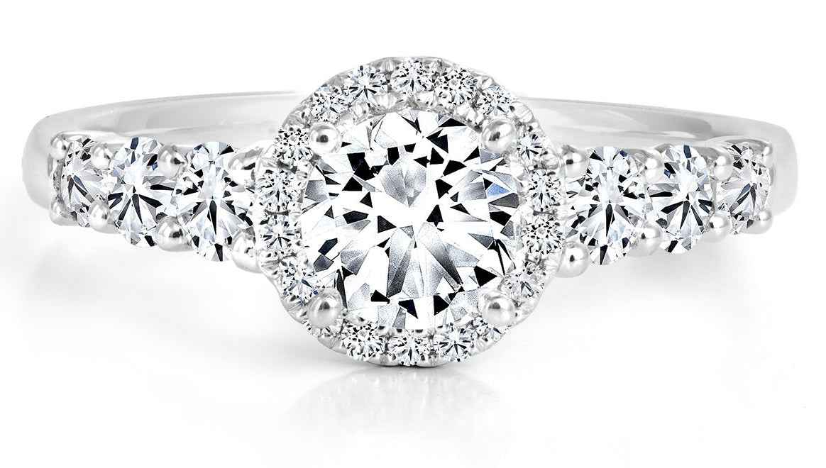Forevermark Black Label 1 ct. tw Round Diamond with Halo Engagement Ring with Six Round Diamond Accent Stones in 18K White