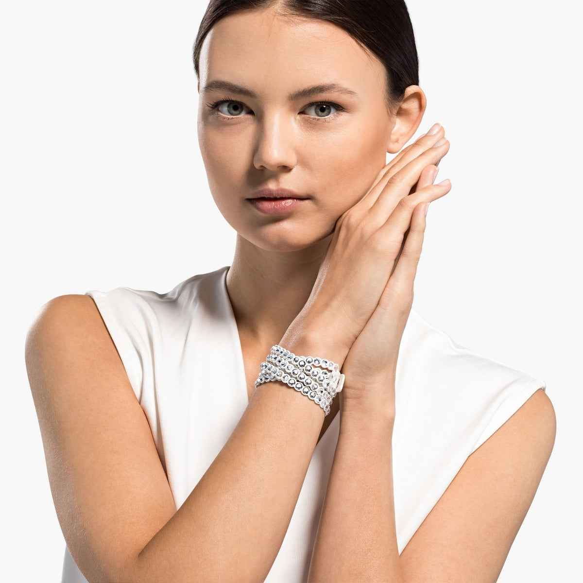 Swarovski Power Crystal Slake Wrap Bracelet in Silver Alcantara Fabric front view