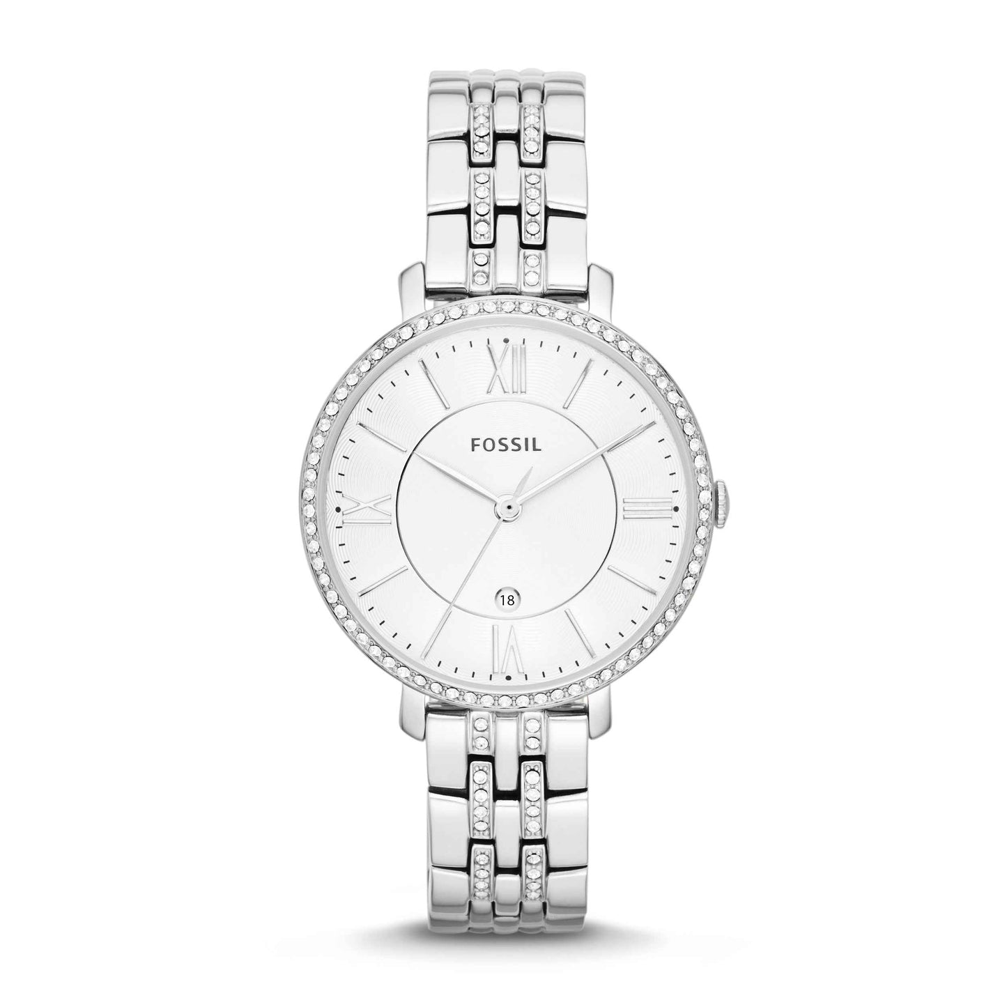Fossil Ladies' Jacqueline Stainless Steel Analog Watch with Crystal Bezel and White Dial