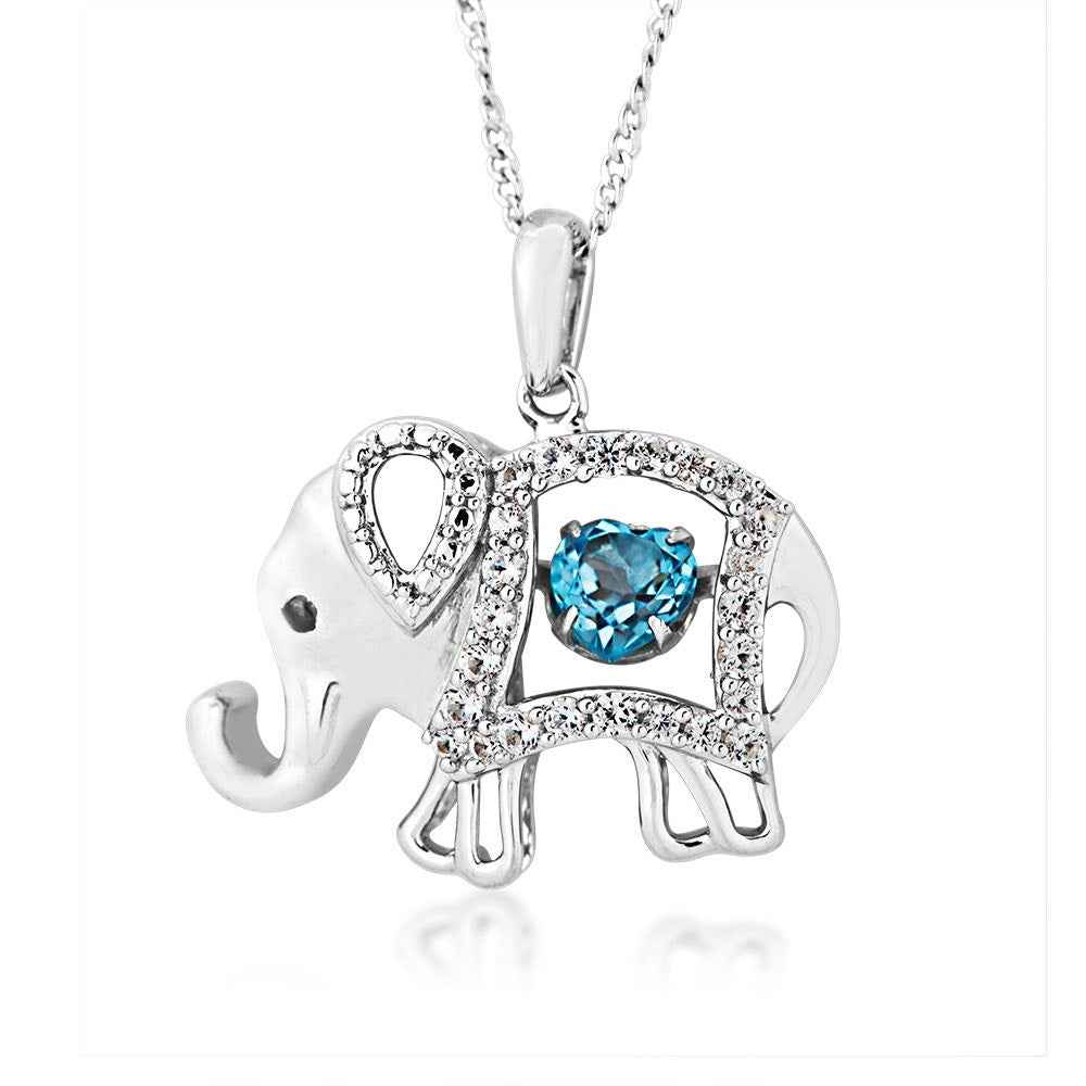 Genuine Twinkling Round Blue Topaz & Created White Sapphire Elephant Pendant in Sterling Silver