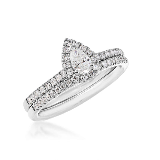 Natural 5/8 ct. tw. Pear Diamond Halo Wedding Set in 14K White Gold front view