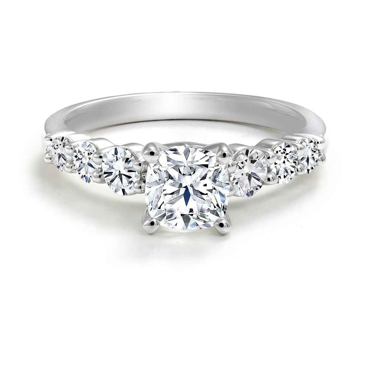 Forevermark Black Label 1-1/3 ct. tw Cushion Cut Diamond Engagement Ring with Six Round Side Accent Stones in 18K White Gold