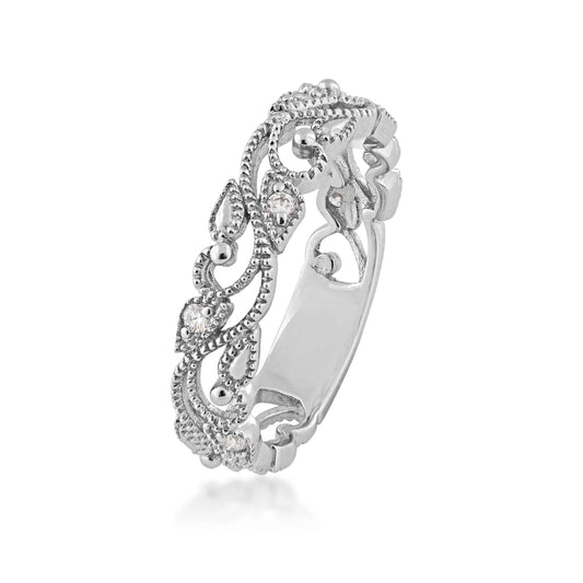 Perfect Match 1/10 ct. tw. Diamond Filigree & Milgrain Anniversary Ring in 10K White Gold front view