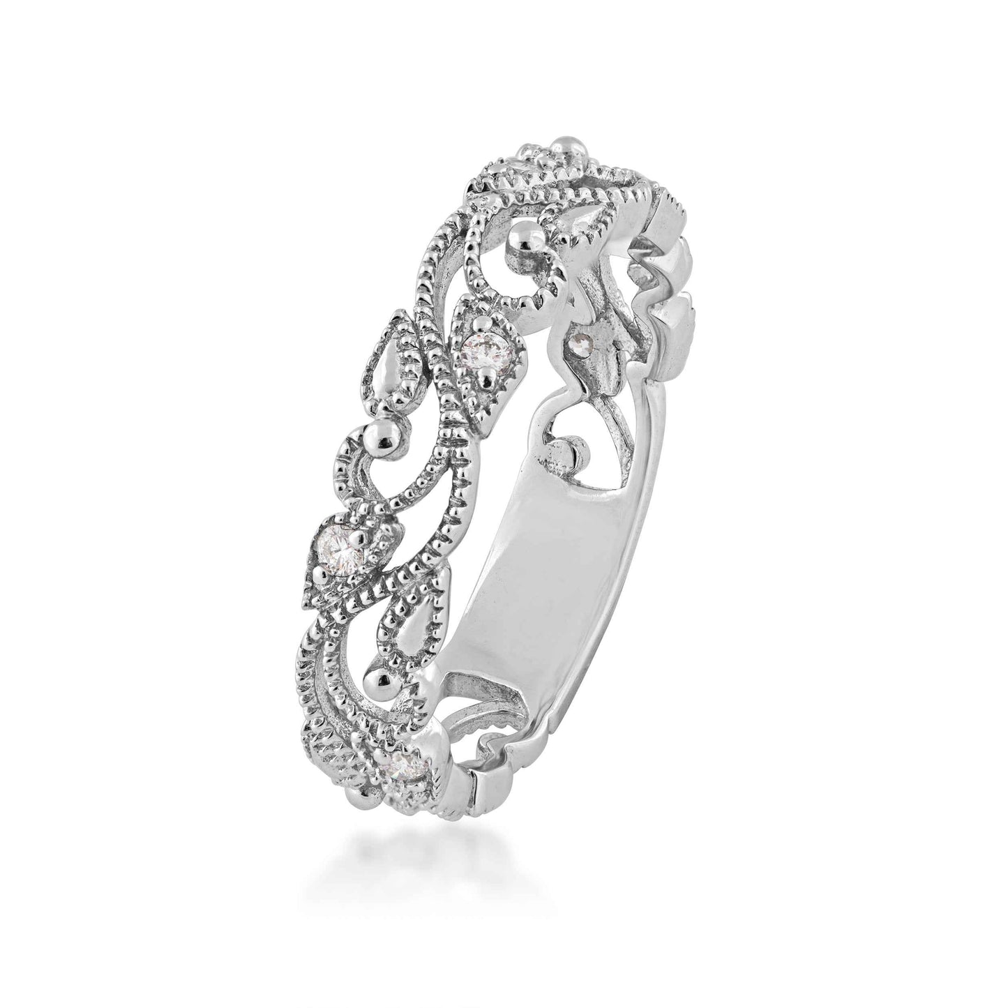 Perfect Match 1/10 ct. tw. Diamond Filigree & Milgrain Anniversary Ring in 10K White Gold front view