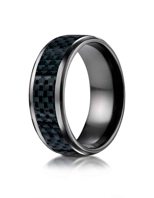 BENCHMARK Mens 8MM Black Titanium with Carbon Fiber Inlay Wedding Band close-up detail