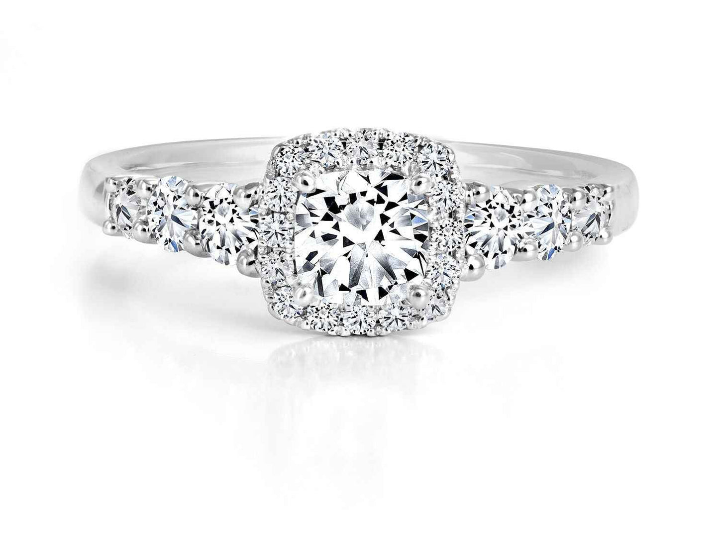 Forevermark Black Label 9/10 ct. tw Cushion Cut Diamond with Halo Engagement Ring and Six Round Accent Diamonds in 18K White