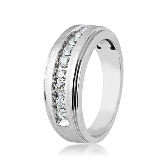 Men's 1/2 ct. tw Round Brilliant Diamond Wedding Band with Brushed Center & Polished Step-Edge in 10K White Gold front view