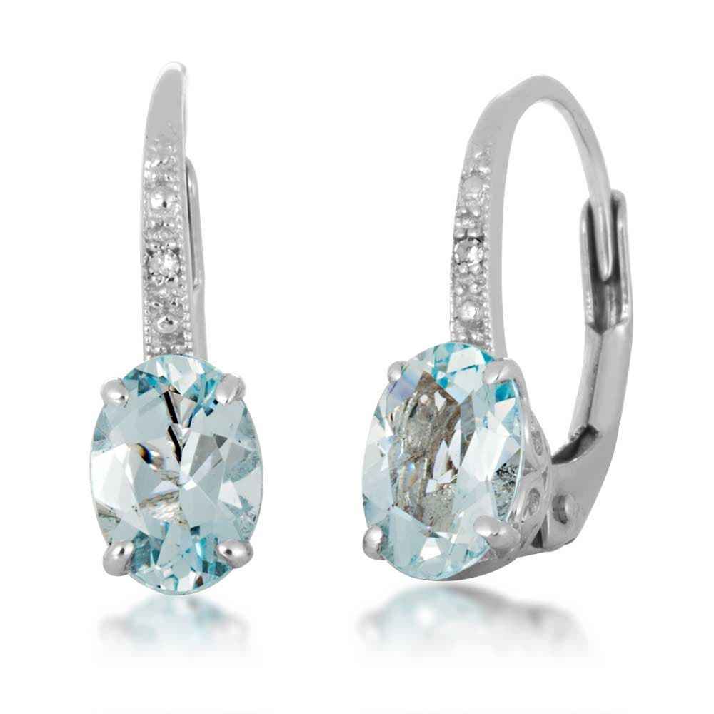 Genuine Oval Aquamarine & Diamond Leverback Earrings in 10K White Gold