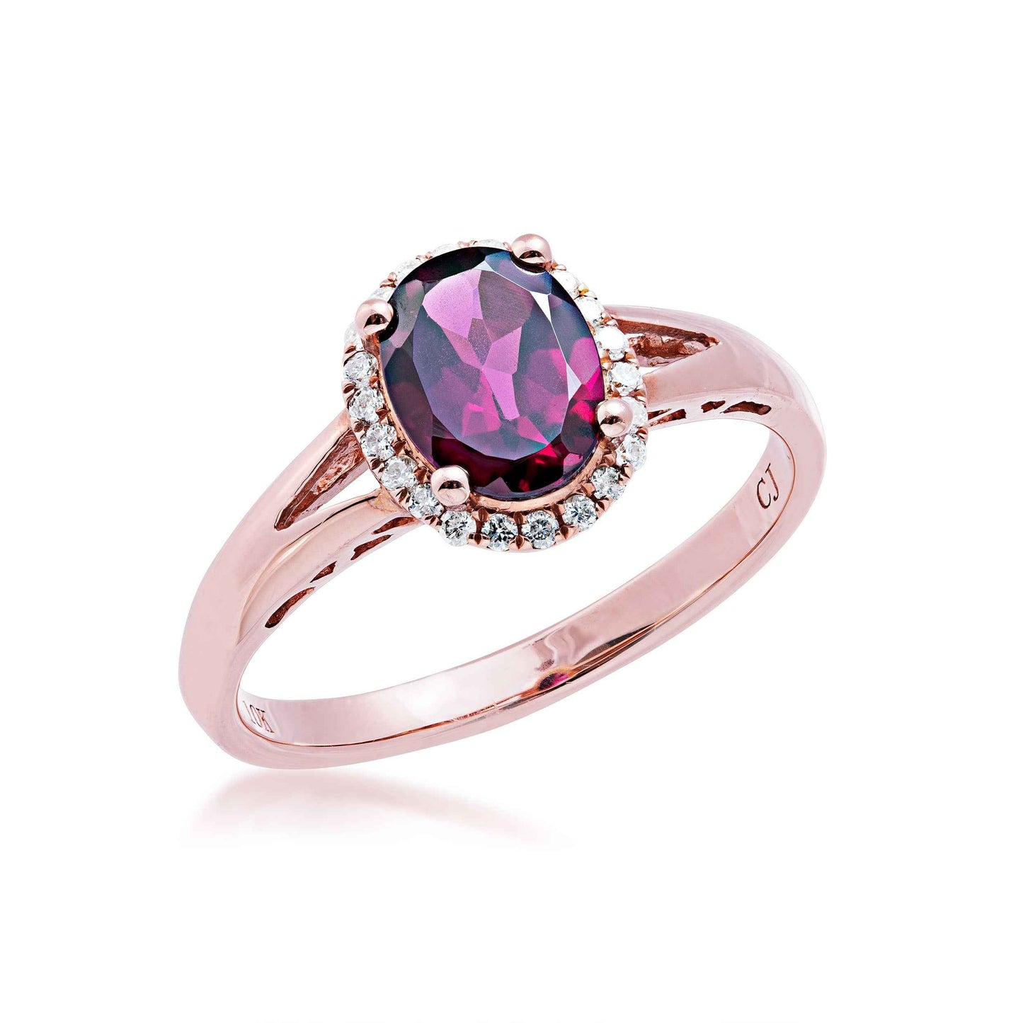 Oval Garnet and 1/8 ct. tw. Diamond Halo Fashion Ring with Split Shank in 10K Pink Gold front view