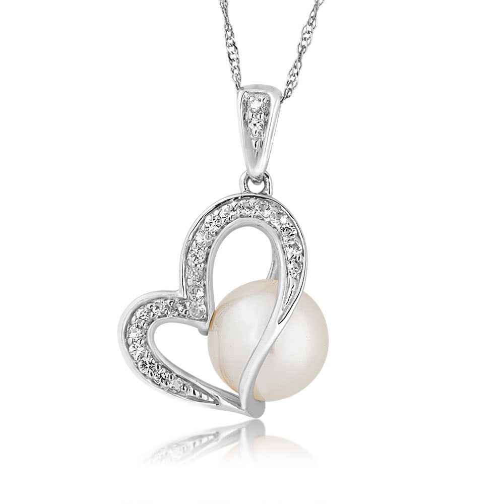 Freshwater Pearl & White Sapphire Heart Pendant in Sterling Silver