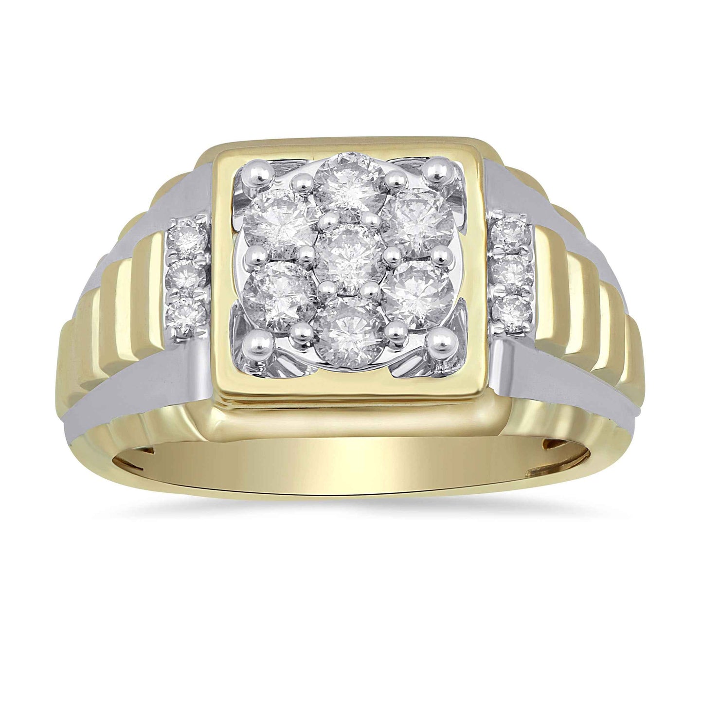 Men's 1 ct. tw. Round Brilliant Cluster Wedding Band with Side Diamond Accents in 10K White & Yellow Gold