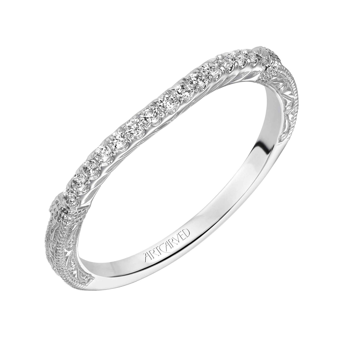ArtCarved Vintage .12 ct. tw. Diamond Wedding Band with Filigree Side Band Detailing in 14K White Gold front view