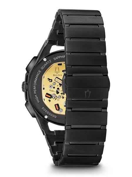 Bulova CURV Collection Men's 5-Hand Chronograph Watch with Rose Gold-Tone Accents & Exhibition Caseback in close-up detail