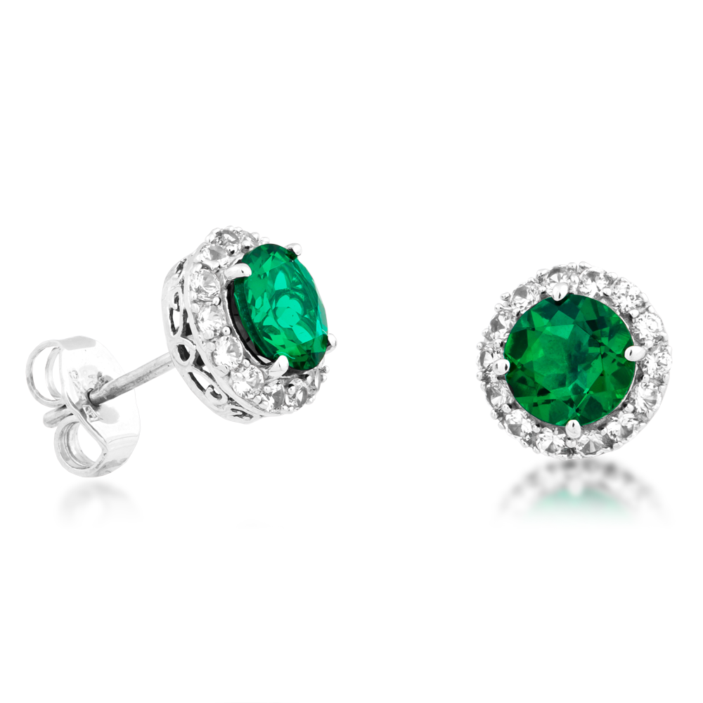 Created Emerald & White Sapphire Halo Earrings in Sterling Silver