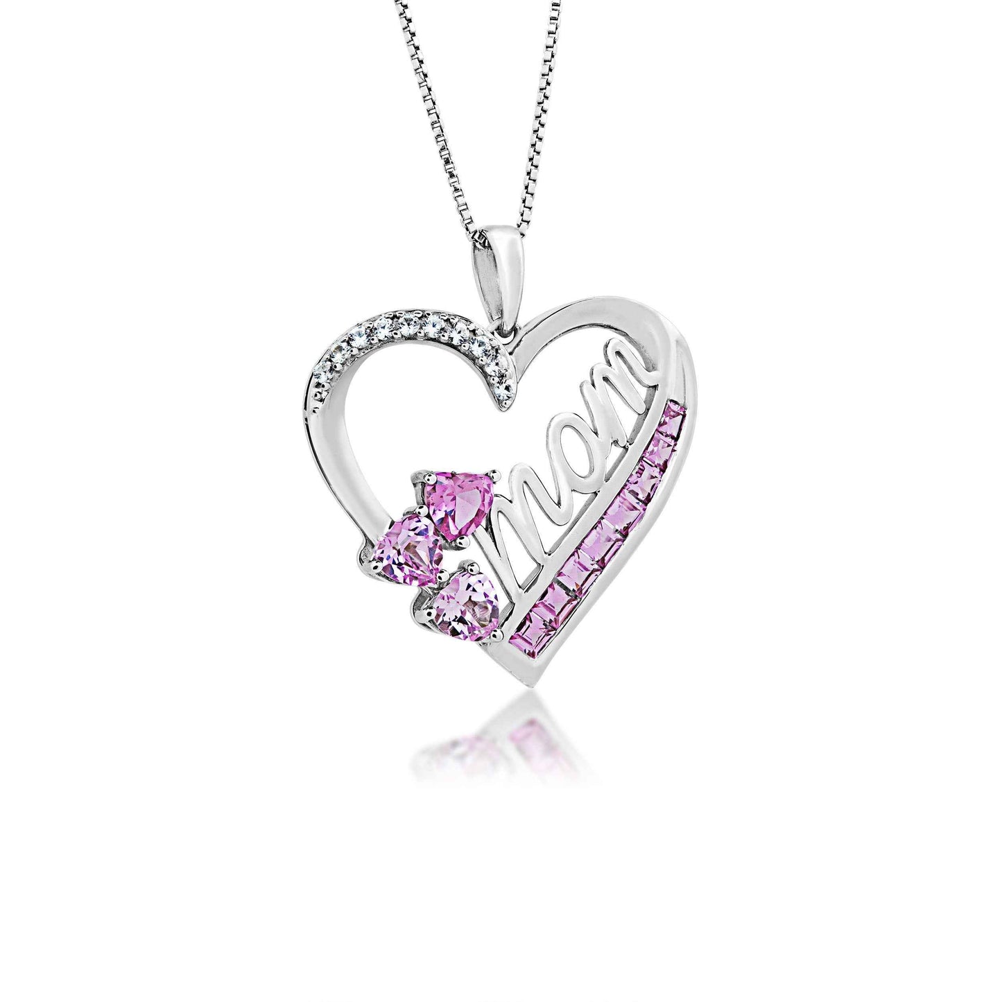 Created Pink and White Sapphire Mom Heart Pendant in Sterling Silver