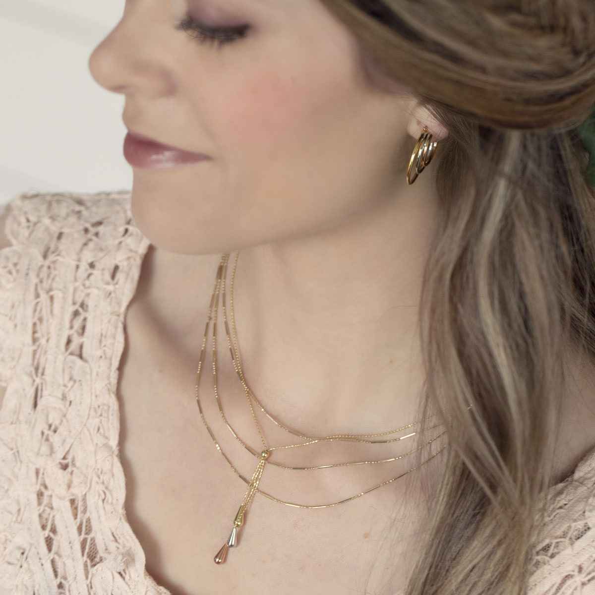Tassle Style Necklace in 10K Tri-Tone Gold front view