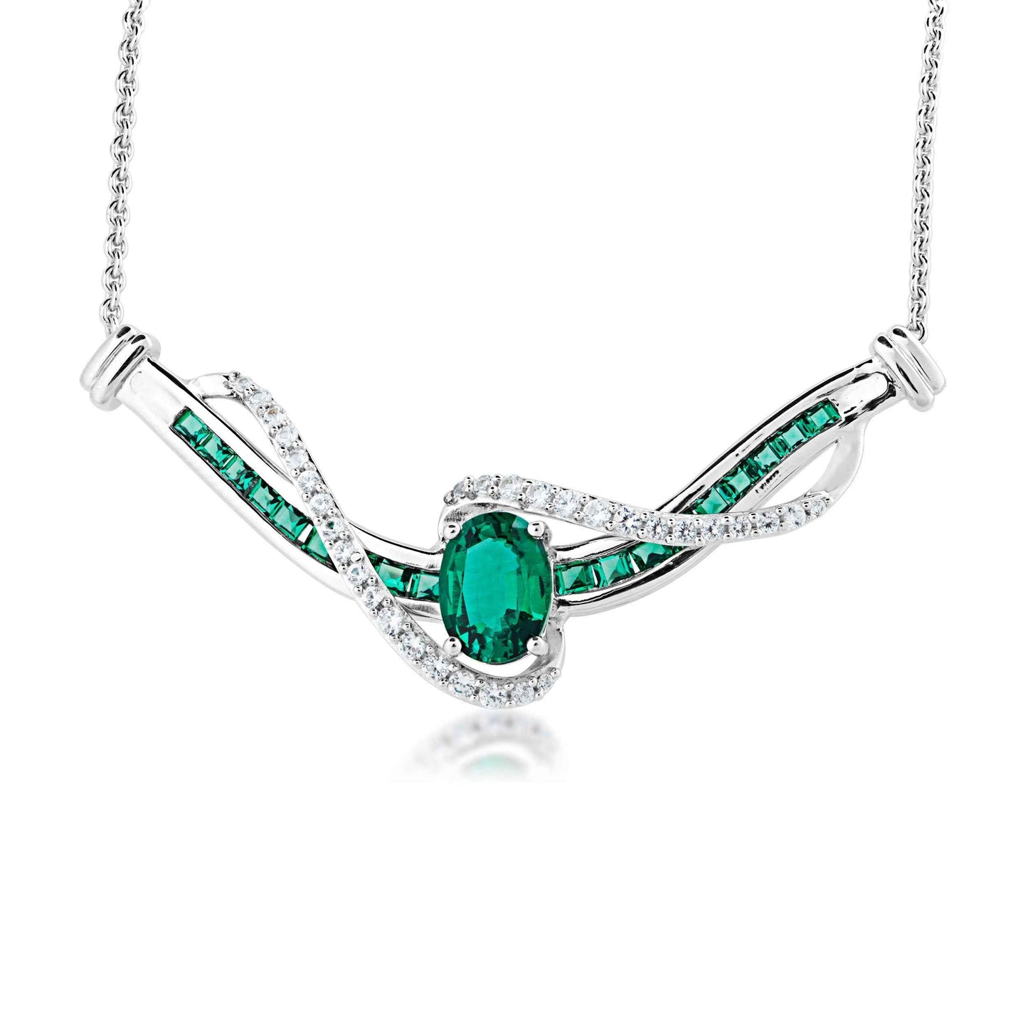 Created Oval Emerald and White Sapphire Necklace in Sterling Silver