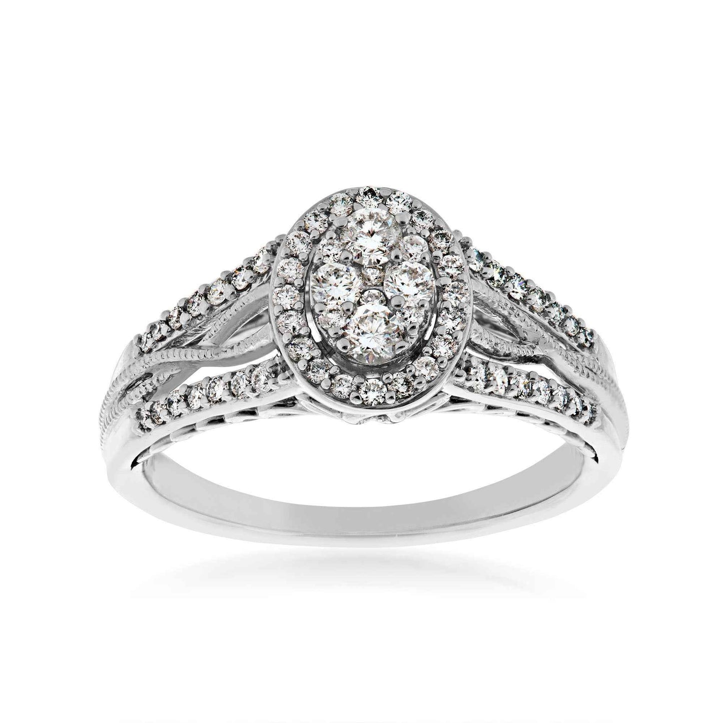 1/2 ct. tw. Cluster Diamond Halo Engagement Ring with Center Intertwined Designed Band in 10K White Gold