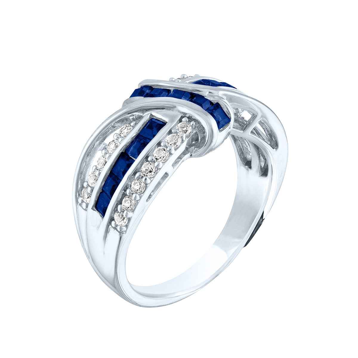 Created Blue and White Sapphire Fashion Ring with Knot-Inspired Design in Sterling Silver front view