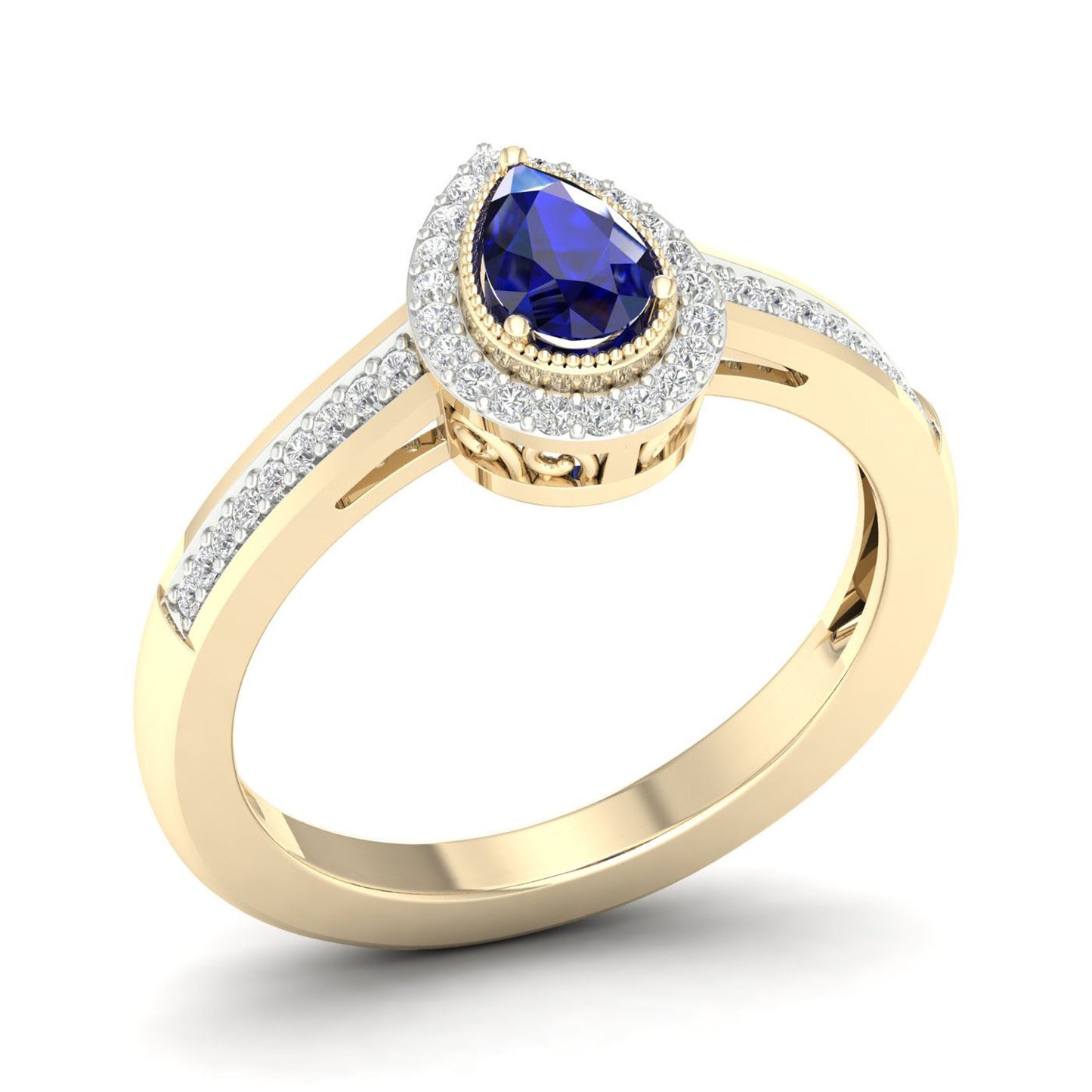 Blue Pear-Shaped Sapphire and 1/8 ct. tw. Diamond Halo Ring with Milgrain and Filigree Design in 10K Yellow Gold side profile