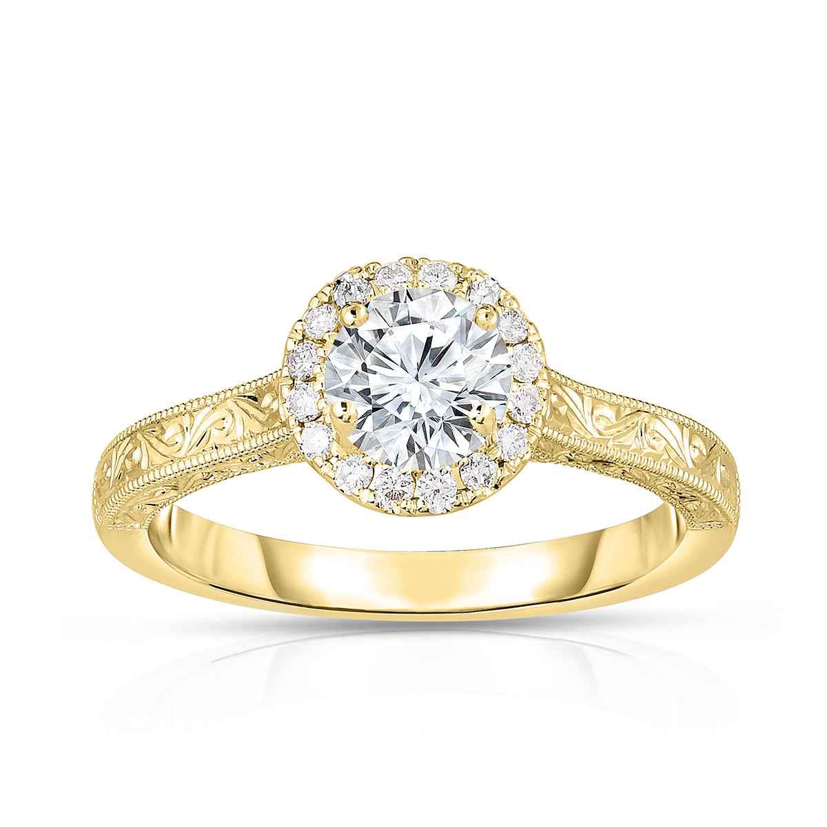 Brilliantly Yours 5/8 ct. tw. Round Brilliant Diamond Halo Engagement Ring with Engraved Band in 14K Yellow Gold
