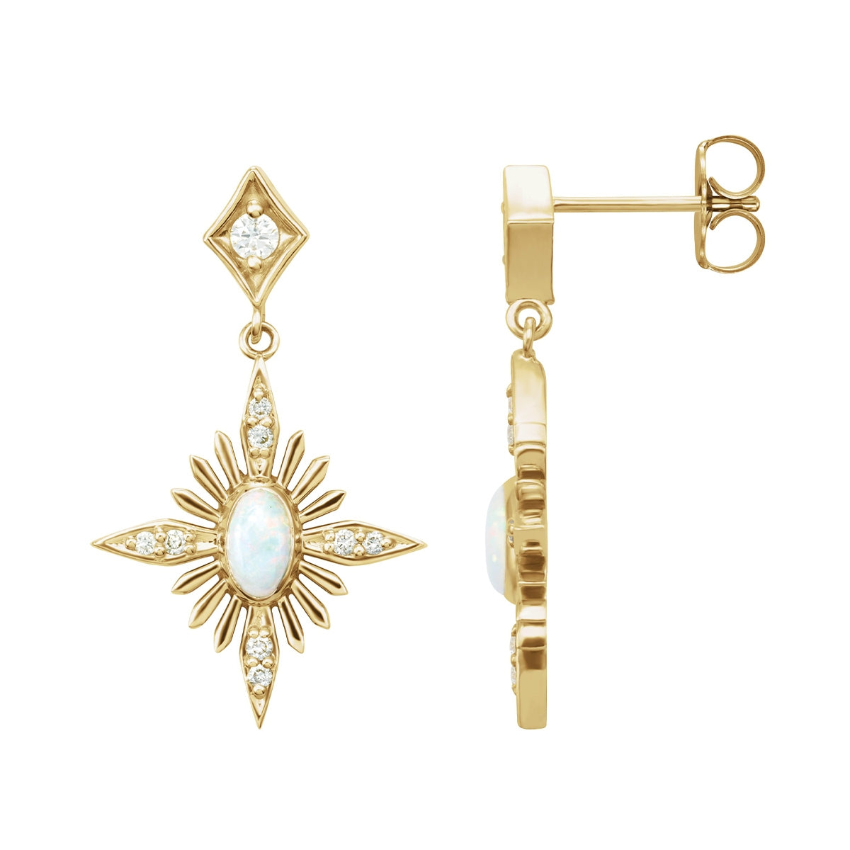 Oval Opal & 1/6 ct. tw. Diamond Celestial Drop Earrings in 14K Yellow Gold