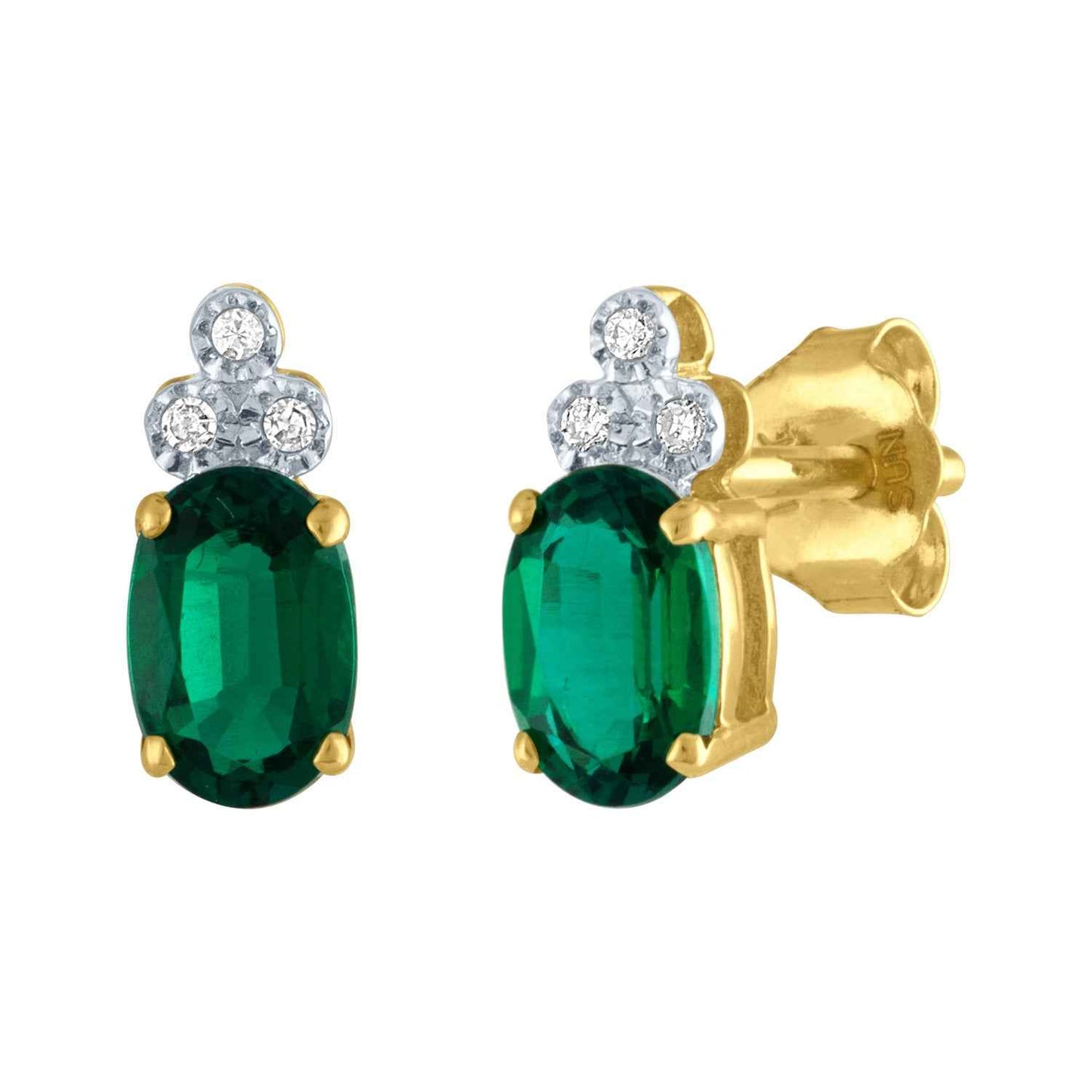 Oval Emerald and .018 Diamond Post Earrings with Miracle Plating in 10K Yellow Gold