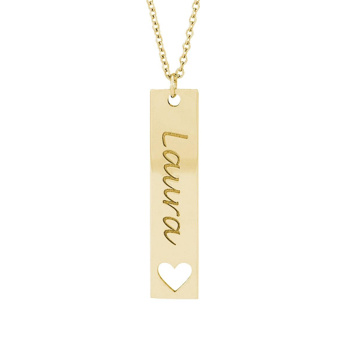 Engravable Vertical Bar Heart Pendant in 14K Yellow Gold front view