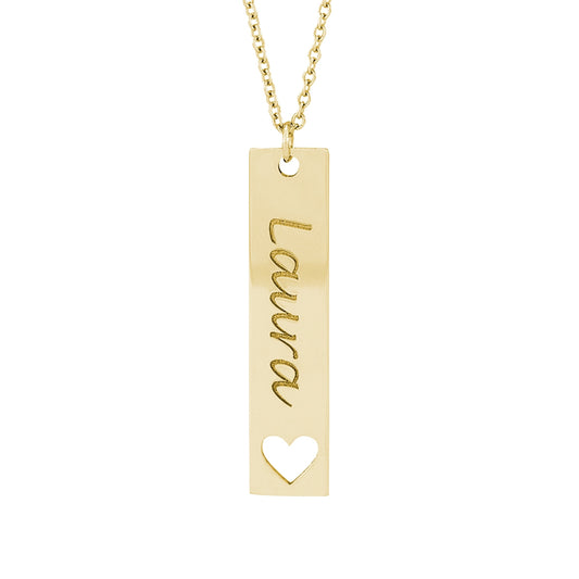 Engravable Vertical Bar Heart Pendant in 14K Yellow Gold front view