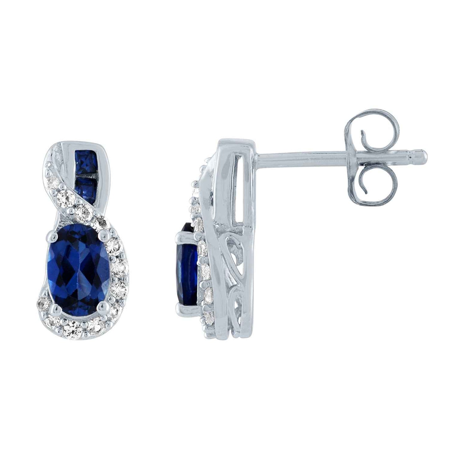 Created Oval Blue and White Sapphire Earrings in Sterling Silver