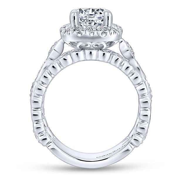 Gabriel & Co. 1-1/3 ct. tw. Round Halo Semi-Mount Engagement Ring with Filigree Design and Split Side Bands close-up detail