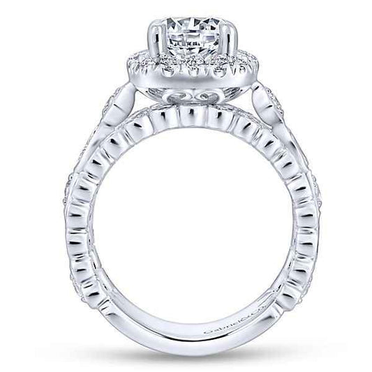 Gabriel & Co. 1-1/3 ct. tw. Round Halo Semi-Mount Engagement Ring with Filigree Design and Split Side Bands close-up detail